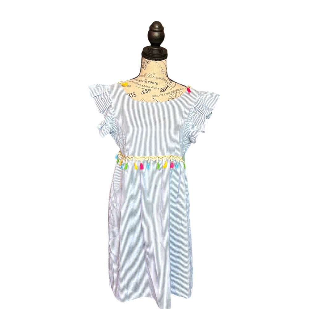 SHEIN Blue White Striped Tassel Boho Dress Ruffle Sleeve Tie Back Size M 6